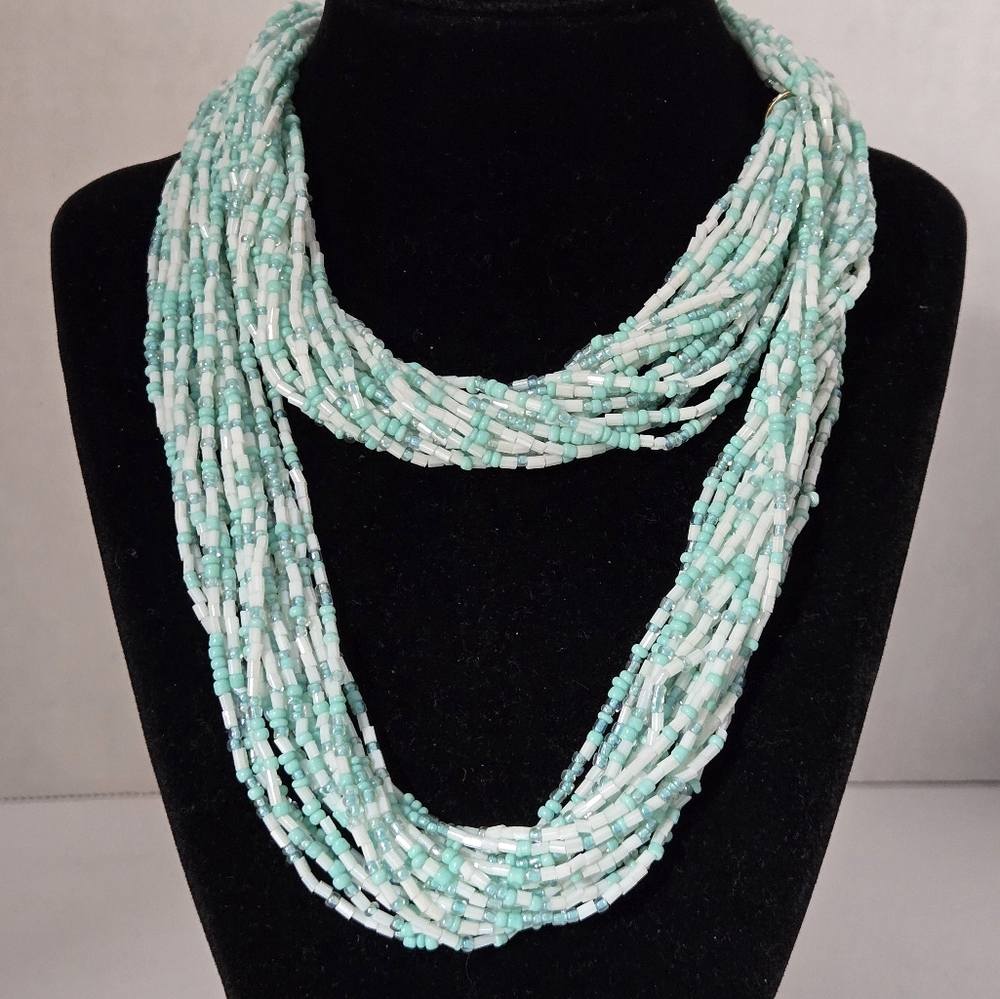 M. Haskell Multi-Strand Beaded Necklace - Turquoise and White 30" w/3" Ext.